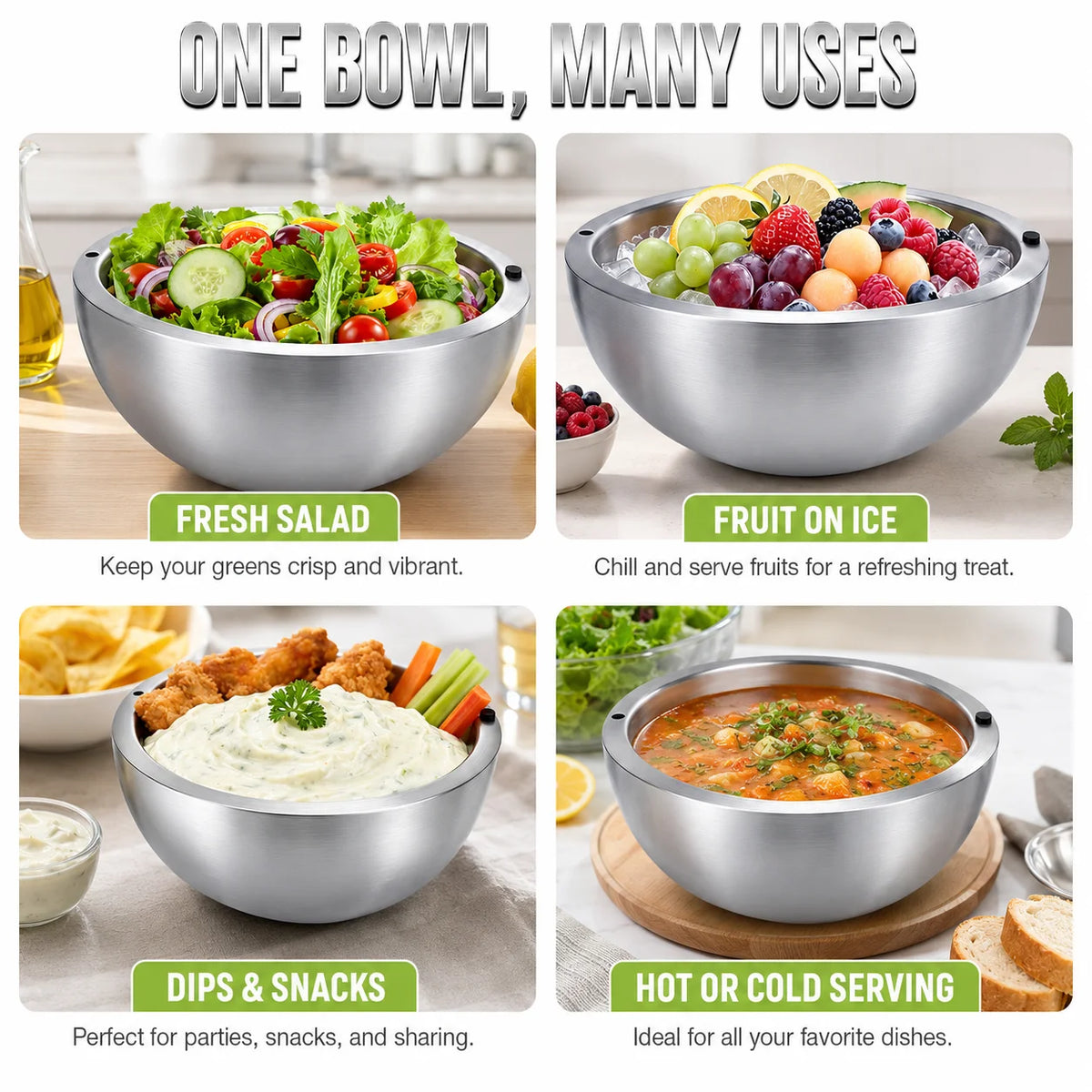 16/20/24cm Stainless Steel Dip Chiller Bowl Double Walled Fruit Salad Mixing Bowl Insulated Ice Chilled Serving Bowl for Kitchen